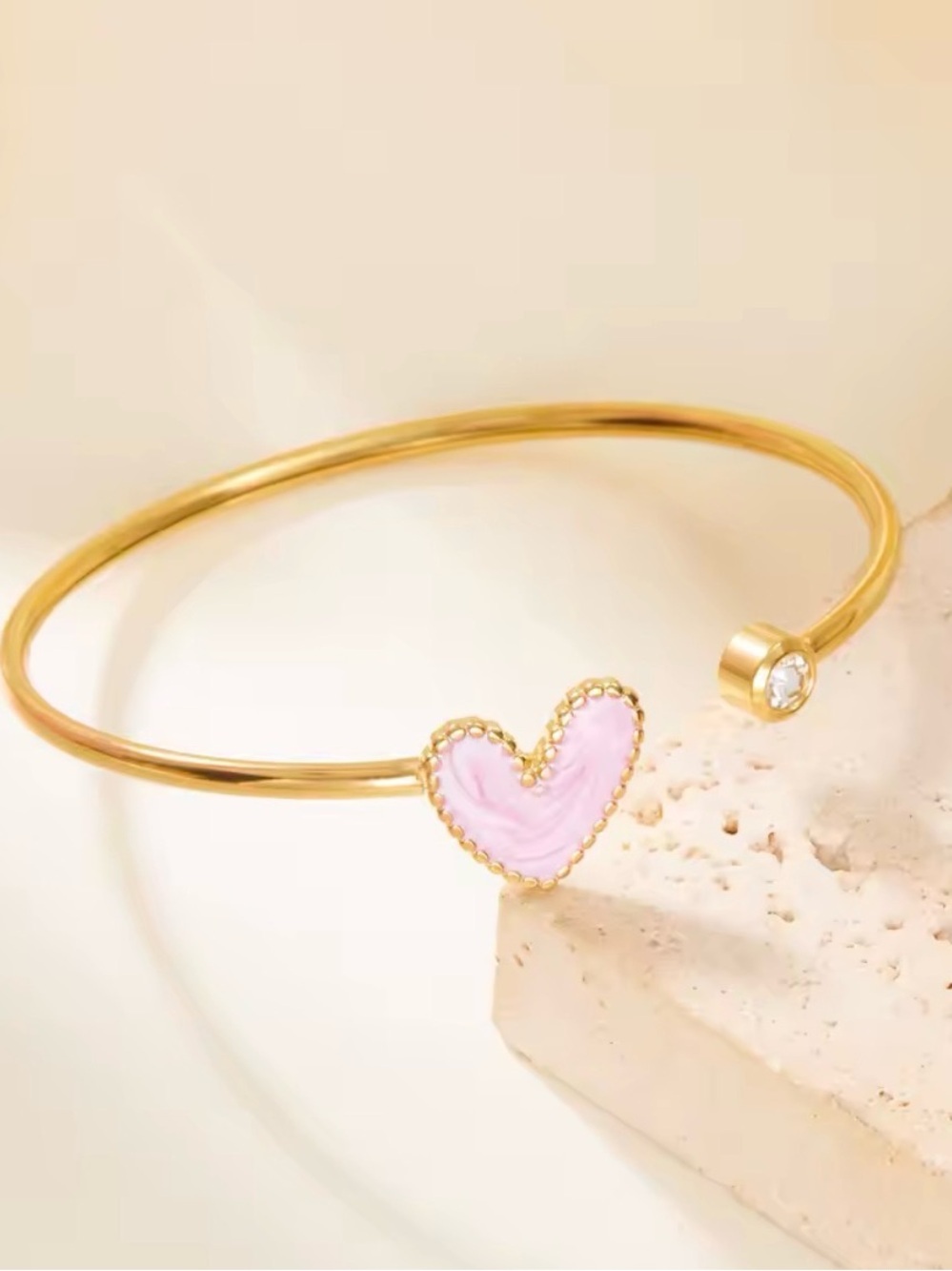 Gold-Plated Pink Heart Open Bangle Bracelet